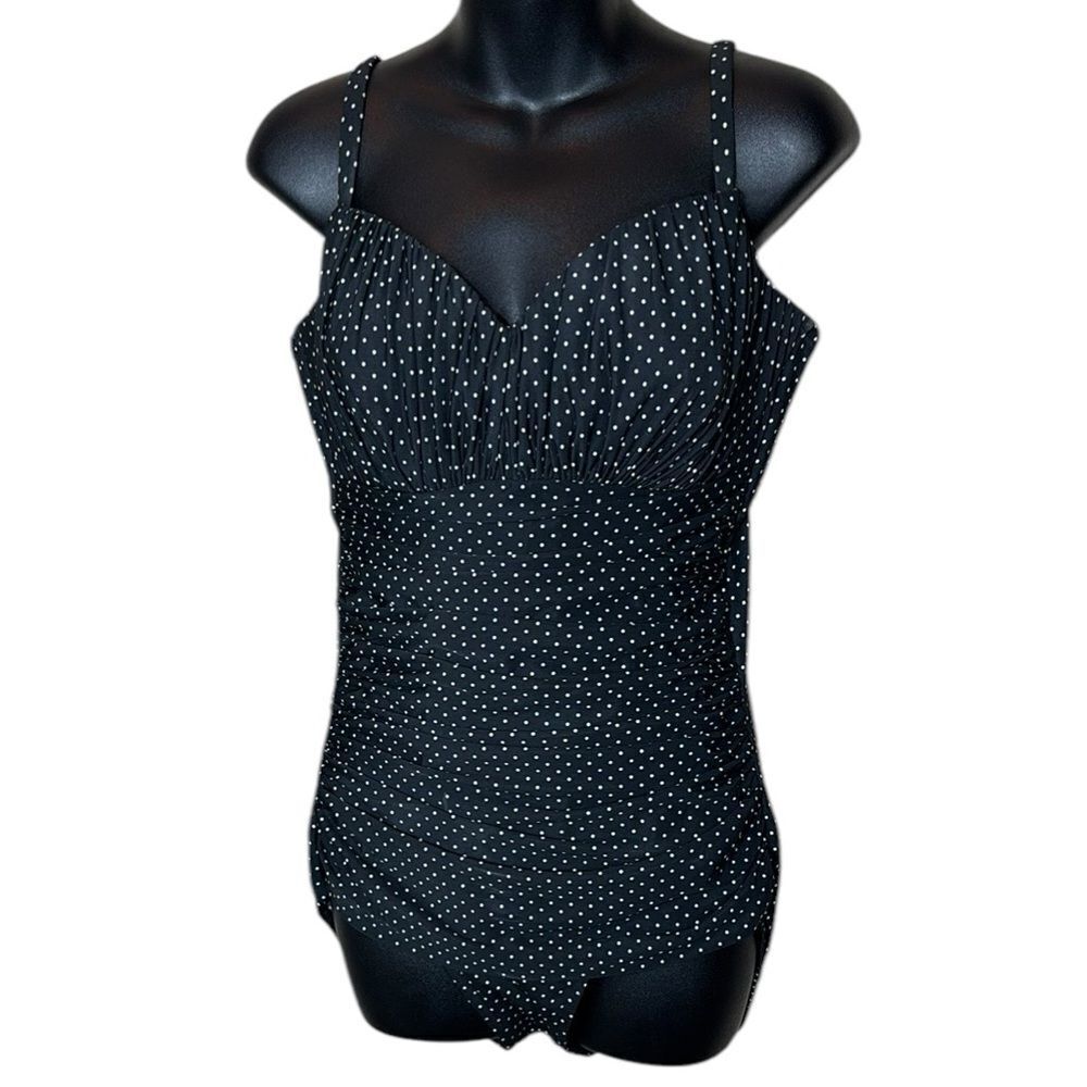Miraclesuit women’s 14DD black polka dot ruched draped one piece swimsuit
